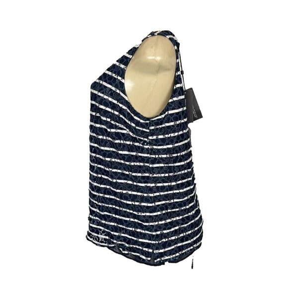 Tommy Hilfiger L Navy Blue Sheer Floral Striped Lined Zip Back Sleeveless Top - Picture 5 of 7